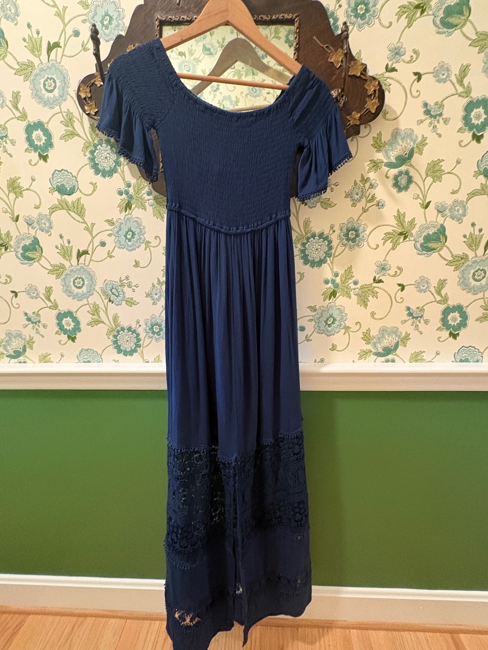 Altar’d State Navy Blue Smocked Crochet Lace Boho Maxi Dress Size S